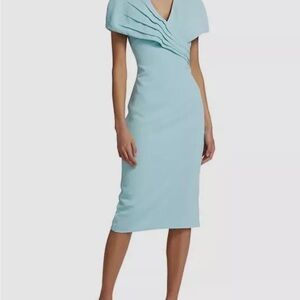 NWT Badgley Mischka Women's Blue Pleated V-Neck Cap Sleeve Sheath Dress